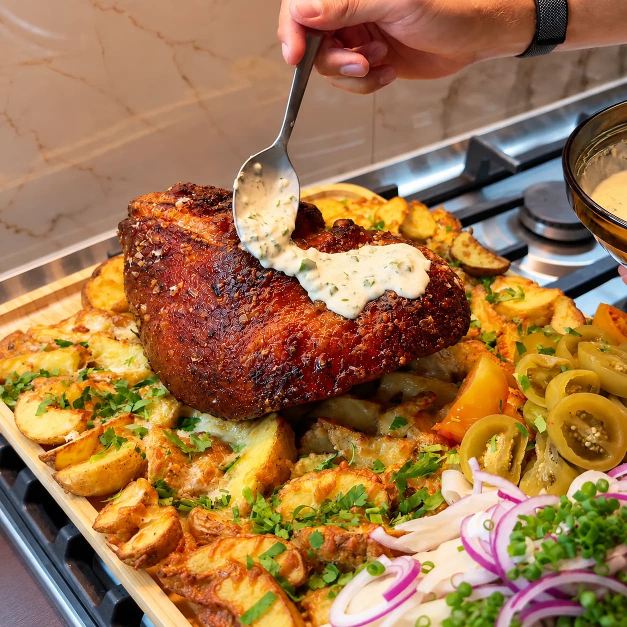 Ciolan de porc rumenit la cuptor, servit cu cartofi cu mozzarella, murături și mujdei cremos